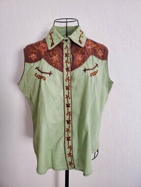 Sleeveless Embroidered Western Shirt - Light Green with Brown & Copper Accents